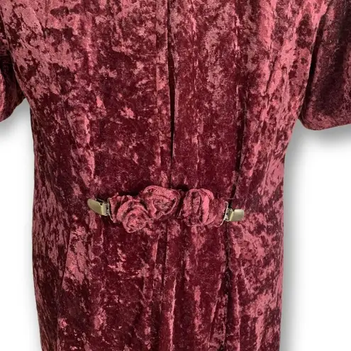 Vintage 90s Maxi Dress Burgundy Crushed Velvet Dark Floral Rosette Short Sleeve Red Size 14