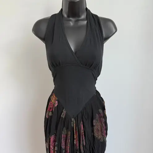 VTG Karen Alexander Black Floral Halter Dress Ruched Tulip Hem Sleeveless sz 10