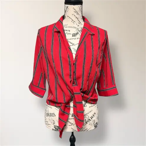 Haute Monde  S Red Striped Tie Front Blouse Nautical Collared Crop Shirt Summer