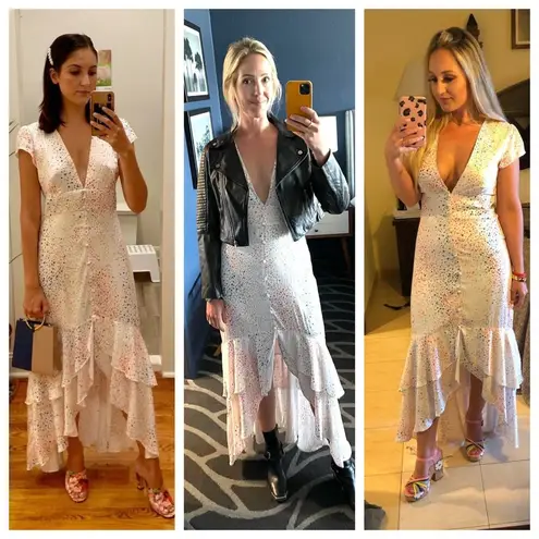 Hutch Multi Color Heart Maxi Dress White Satin Hi Low short sleeves V-neck 10