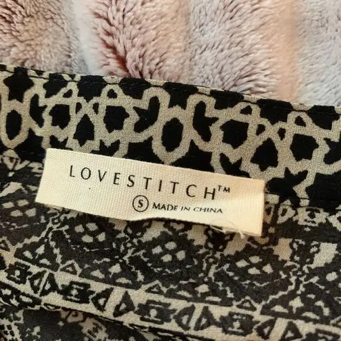 Lovestitch Women's Boho Mixed Print Button Front V-Neck Chiffon Blouse Black S