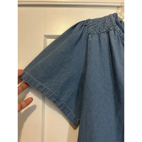 Denim Dress Embroidered Floral Dress with Pockets Size Petite Large Grandma Core Blue