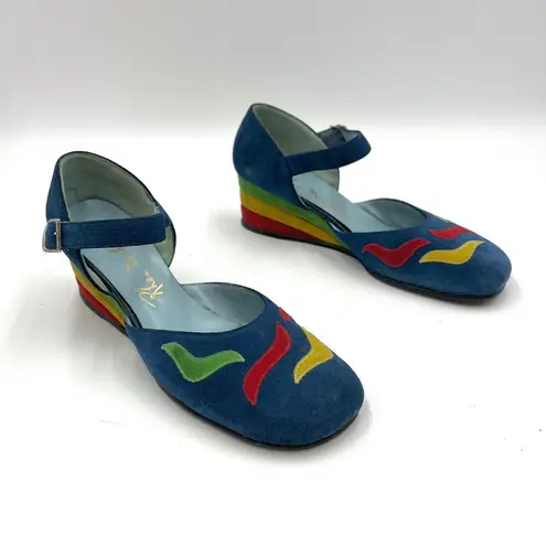 Vintage Rhea Nichols Suede Wedges Mary Jane Shoes Blue Rainbow Memphis Size 9