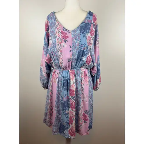 Savanna Jane Patchwork Dress Floral Print Dolman Sleeves Pastel Boho Sz 1X Girly Blue