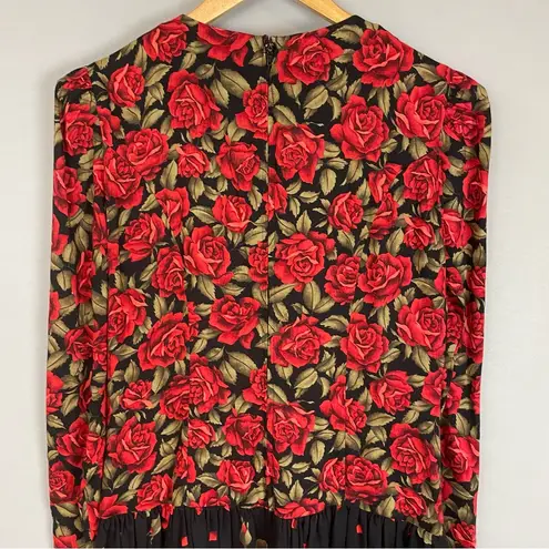 Vintage 80s Floral Dress Roses Dropped Waist Long Sleeve Modest Black Red Retro Size 8