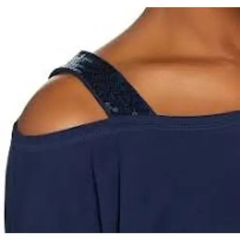 Belle by Kim Gravel Women's Navy Open Shoulder Sequin Trim Top