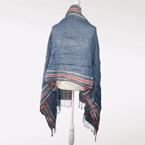 Vintage Blue Orange White Striped Fringe Scarf Rectangle Wrap Shawl