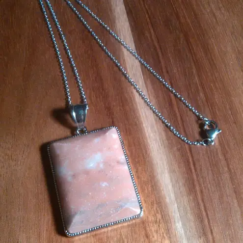 Peace Chili Stone Rectangular Frame Two Inch Pendant Stainless Steel Necklace