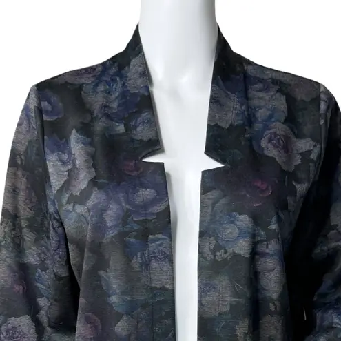Clara Sunwoo Kimono Duster Women XS Black Floral Open Front Lagenlook Artsy Purple