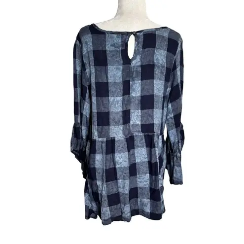 One World Plaid Tunic Top Ruffle Hem Medium Blue Bell Sleeves Keyhole Back