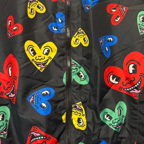 Members Only x K. Haring- Colorful Heart Faces Black Windbreaker Hood- Size L - Image 7