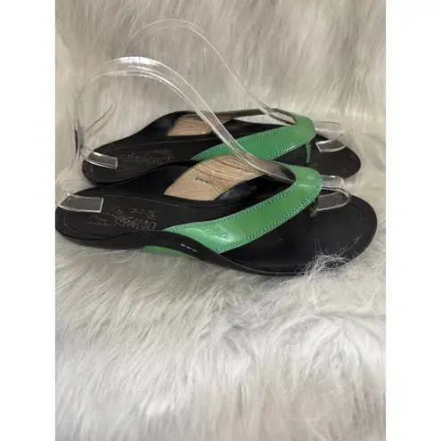 Salvatore Ferragamo Women's Sandals Thong Slide Leather Green Patent Size 8