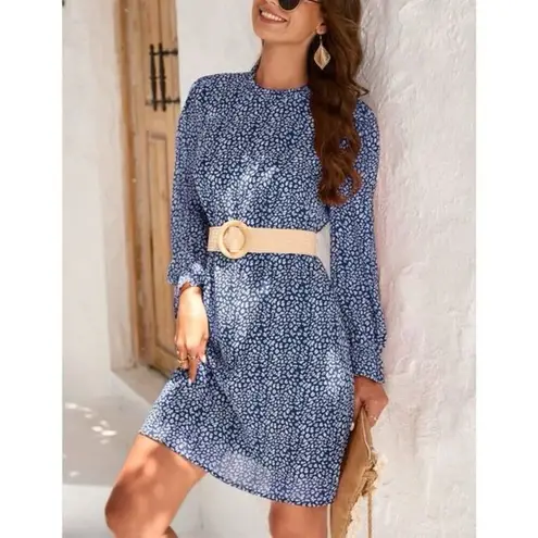 NWT Kojooin Ruffle Mock Neck Long Sleeve Floral Pleated Flowy Mini Dress Sz XXL Blue