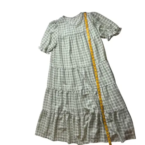 JODIFL Green Windowpane Midi Dress Medium Tiered Plaid Casual Flowy Cottagecore