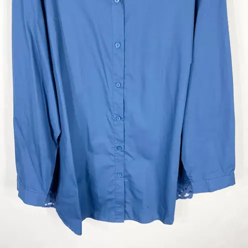 Joan Rivers Plus Size 2X Top Blue Lace Inserts A Line Tunic Collar Button Up 752