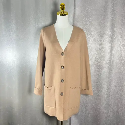 Kate Spade New York Tan Knit Cardigan Sweater Scalloped Pockets Button Front "S"
