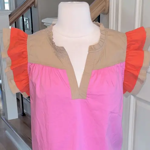 VOY Kendra Poplin V Neck Flutter Short Sleeve Cotton Blouse Pink Orange Tan New