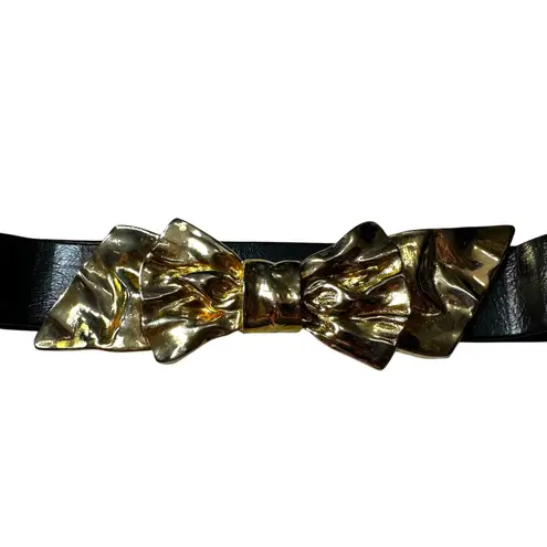 VTG Mimi Di N Bow Belt 1986 Gold Interlocking Front Clasp Statement Belt Buckle Black