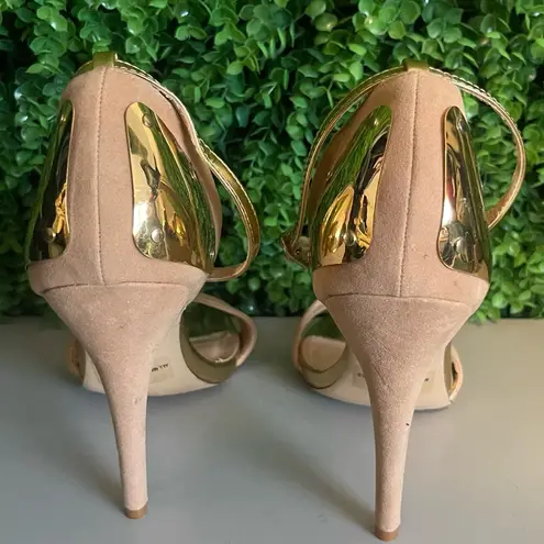 Liliana Nude Suede Gold Metal Ankle Strap High Heels Open Toe Size 10