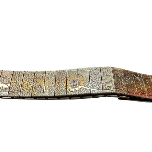 Vintage Silver Tone Floral Etched Adjustable Slider Belt Womens Fashion 70s 80s