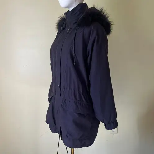 Vintage Jacqueline Ferrar Black Parka Coat Real Fox Fur Trim Hood XS Petite 90s