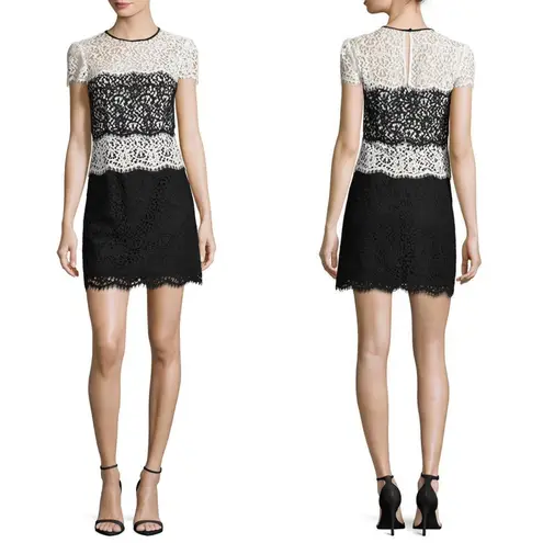 Milly • Gabrielle Dress color block lace two tone sheath black white cocktail
