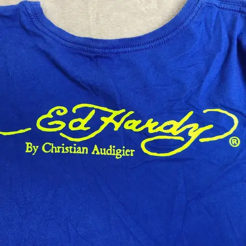 Ed Hardy Vintage Shirt Women's size Large Blue Embroidered