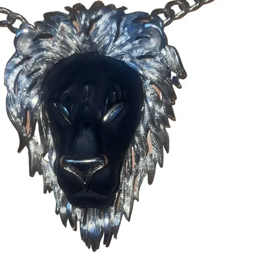 Vintage 1970s Luca Razza Large Collectible Black & Silver Lion Pendent Necklace Black