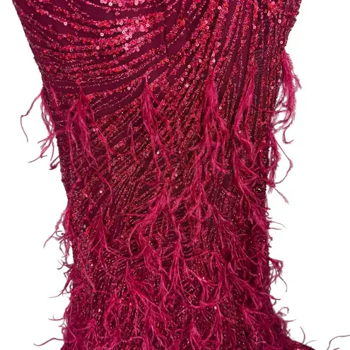 PORTIA AND SCARLETT Red Glitter Feather Gown Dress with Train PS21228 Size Size 0