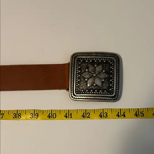 Belgo Lux Brown Leather Belt with Italian Silvertone large square flower buckle Size M