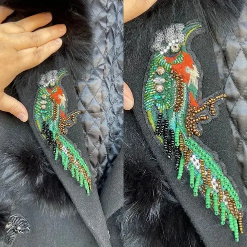 Kobi Halperin X Erte Anisa Fox and Rabbit Fur Combo Coat w/ Crystal Brooches L Black Size L