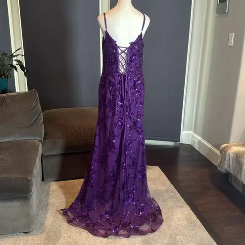 Women’s Purple Mermaid Fit Prom Formal Dress Sparkly Sequins Leg Slit Size 14