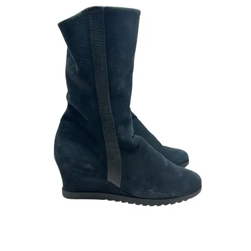 Arche Suede Wedge Tall High Boots Side Zip Leather Stripe Black Size 38 US 7