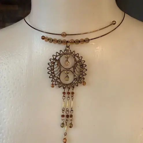 Large Ornate Circular Pendant WIRE CHOKER NECKLACE Bohemian Statement Piece Gold