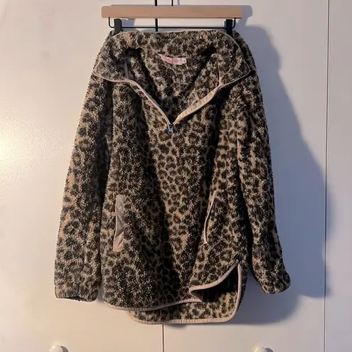 Pink Lily Leopard Print Sherpa Quarter Zip Pullover