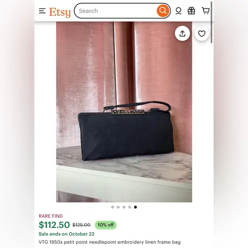 Vintage 1950s La France Petite Needlepoint Wool Clasp Handbag Clutch Purse Black