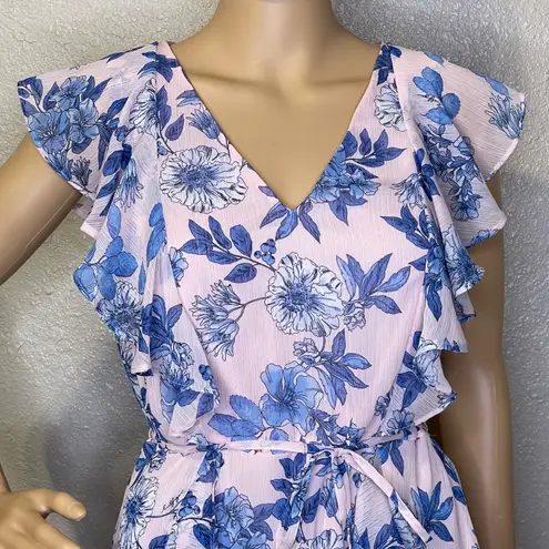 Tommy Hilfiger Flutter Sleeve V-Neck Floral Chiffon Fit Flare Dress Pink Blue 8