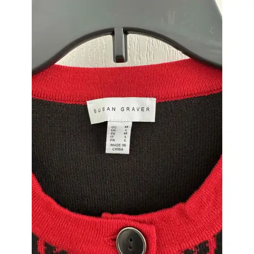 Susan Graver Red Black Jacquard Button Up Long Sleeve Patterned Cardigan Medium