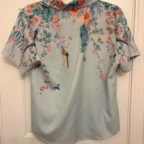 Green Tropical Bird Floral Button Up Shirt L Resort Vacation Retro Boho Blouse Blue Size L