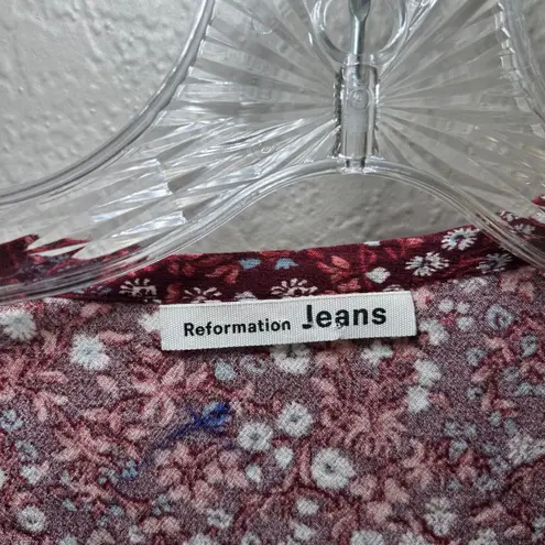 Reformation Jeans Dress Small Floral Print Long Sleeve Tie Neck Mini Maroon boho Red