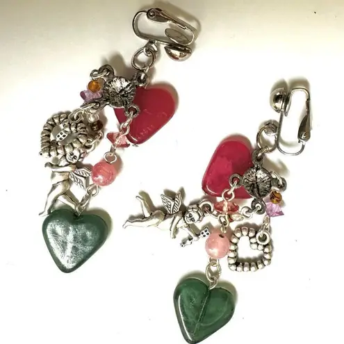 Pink and green heart cherub charm clip on earrings