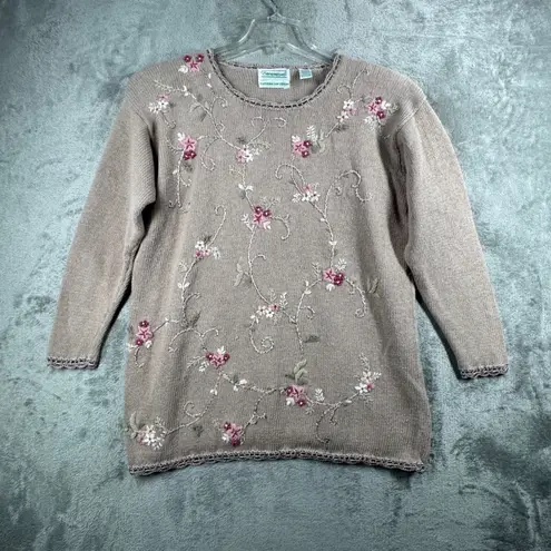 Shenanigans Floral Embroidered Sweater L Beige Pink Flowers Boho Cottagecore Tan Size L