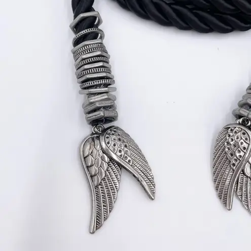Vintage Black Rope Belt Silver Angel Wing Charm Tassels 69" Fairy Grunge Gothic