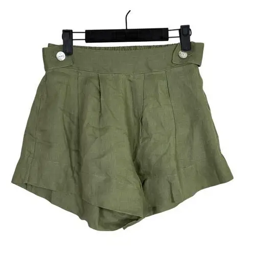 Free the Label Florence High Waisted Linen Wide Leg Shorts Pockets S Olive Green