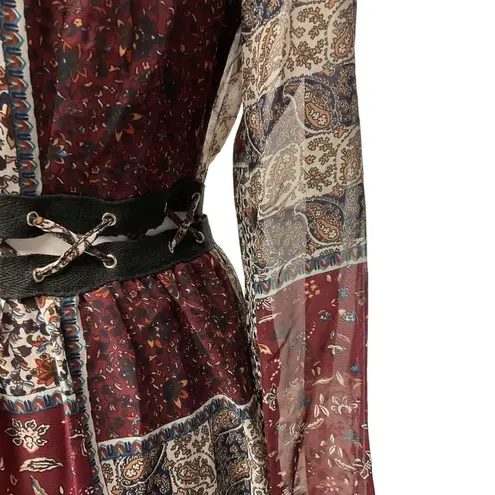 Hommage Women's Patchwork Long Sleeve Mini Dress Size Medium Red Black Tan