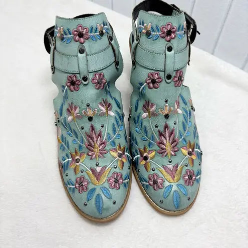 Boho Embroidered Booties Blue Vegan Chunky Block Heel Buckle Slingback Boots 11