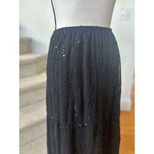 Vintage Y2K Black Sequin Embroidered Floral Tiered Whimsygoth Fairy Midi Skirt Size L