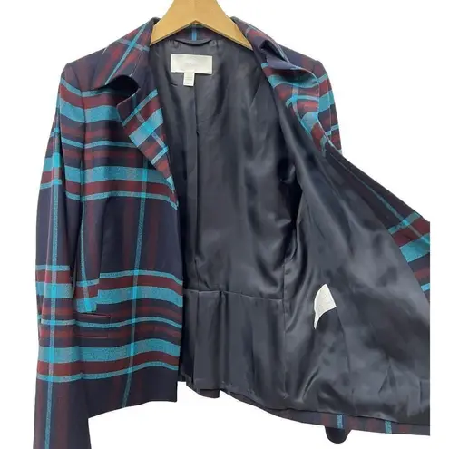 Hugo Boss Blue/brown/navy Plaid Virgin Wool Snap Buttons Blazer size 6