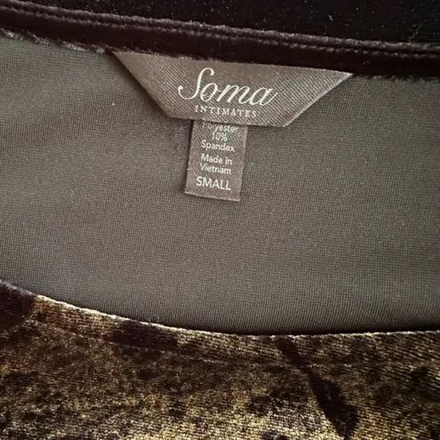 Soma Black Velvet Tunic Top Gold Metallic Print Stretchy Fall Goth 3/4 Sleeve