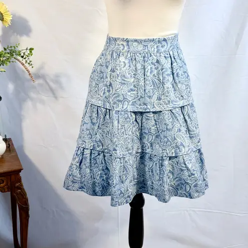 Soft Surroundings Linen Blend Tiered Ruffle Skirt – Blue Floral Paisley Sz M 💚